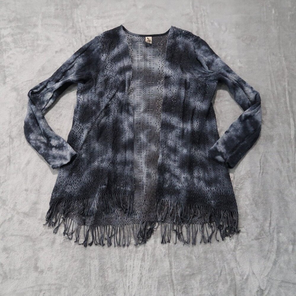XCVI Sweater Womens L Gray Open Cardigan Fringe Marble Tie Dye Sweatshirt